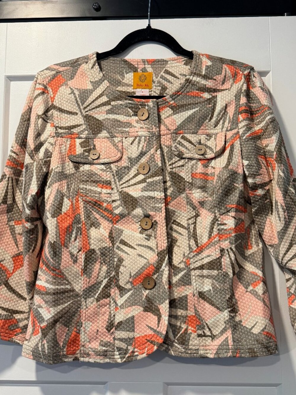 Ruby Rd. Khaki, Pink & Coral Tropical Floral Textured Jacket